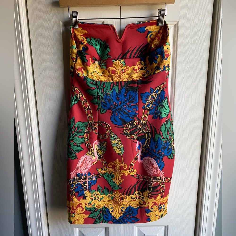 Pomme Chan x UO Donnie Red Strapless Tropical Print Stretch Dress Size Medium
